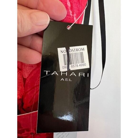 Tahari ASL Crinkled Floral Red Midi Belted Cotton Dress Size 8 MSRP $170 - Picture 7 of 10